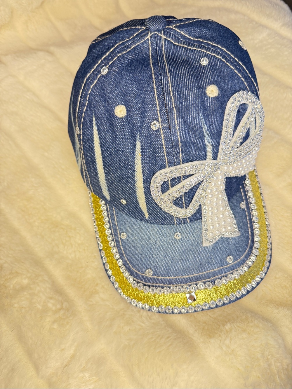 Denim Cap with Crystal Bow - Blue and Yellow - Picture 5 of 6